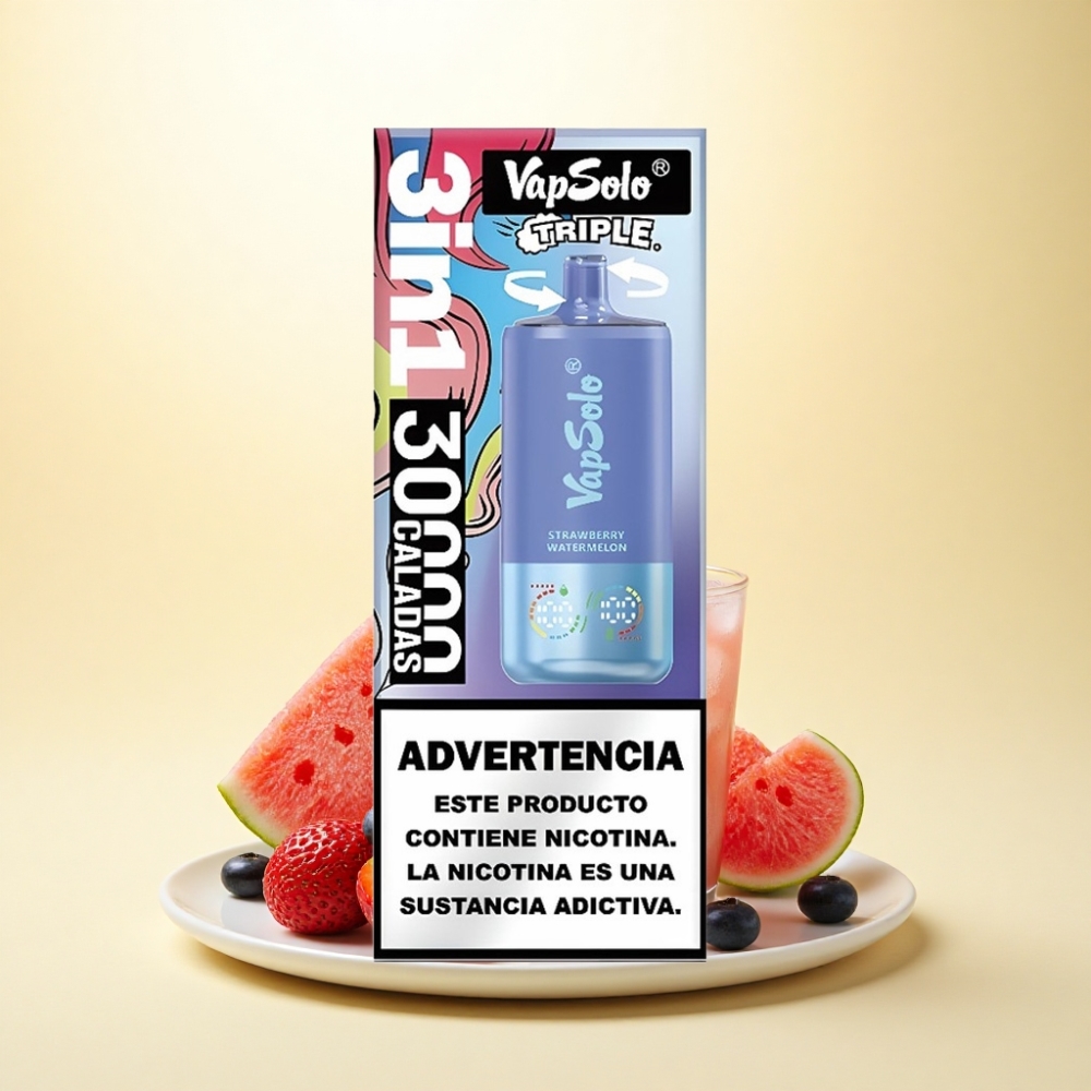 Vapsolo Triple 30000 Puffs Erdbeer-Wassermelone & Blaubeer-Eis mit 40ml E-Liquid und Type-C-Ladung